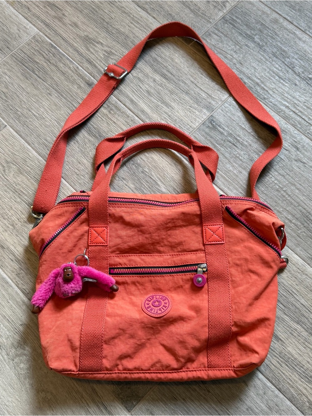 Kipling Orange Nylon Crossbody Bag Pink Accents Pink Monkey Charm